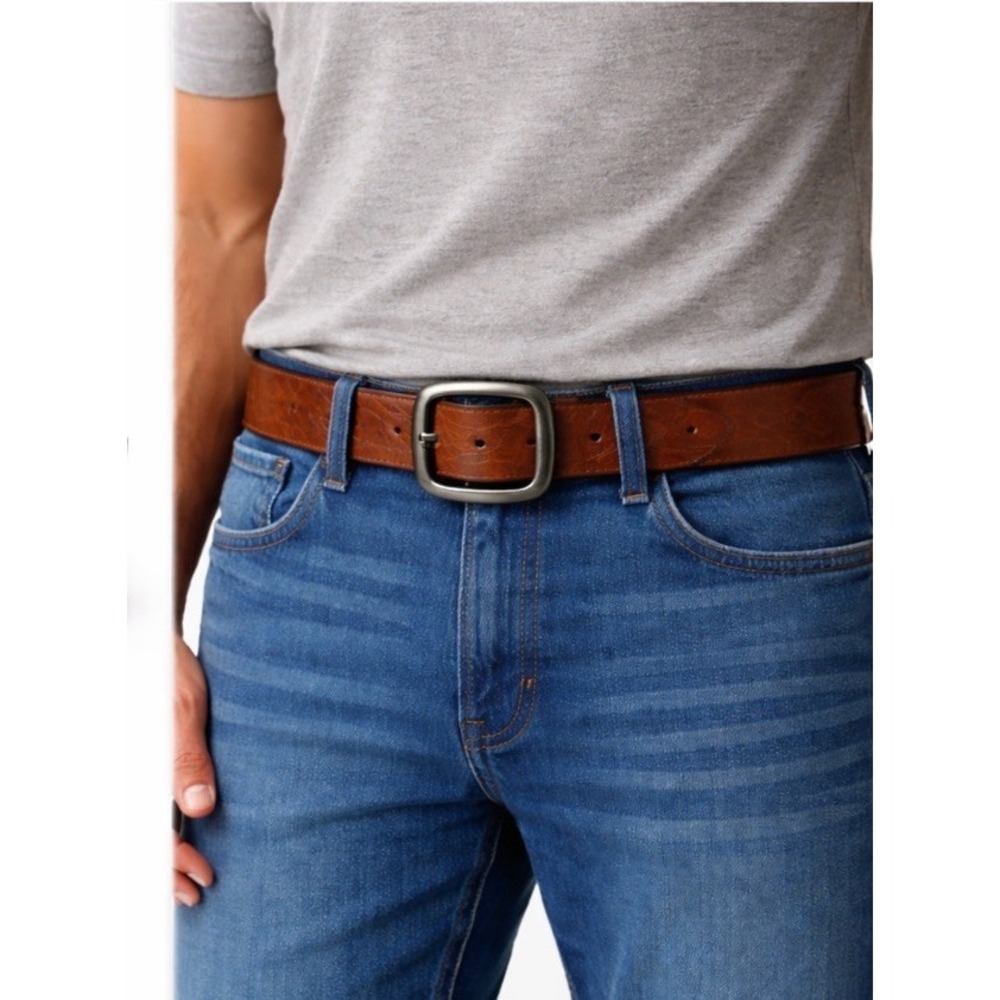 Caribbean Joe Brown Leather Belt Size‎ L Gunmetal Square Buckle Embossed Casual